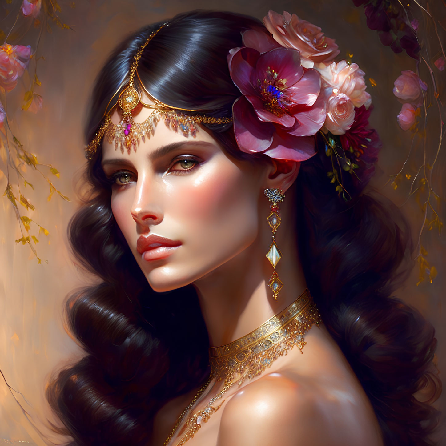 Digital portrait of woman with floral headpiece and gold jewelry in dreamy setting.