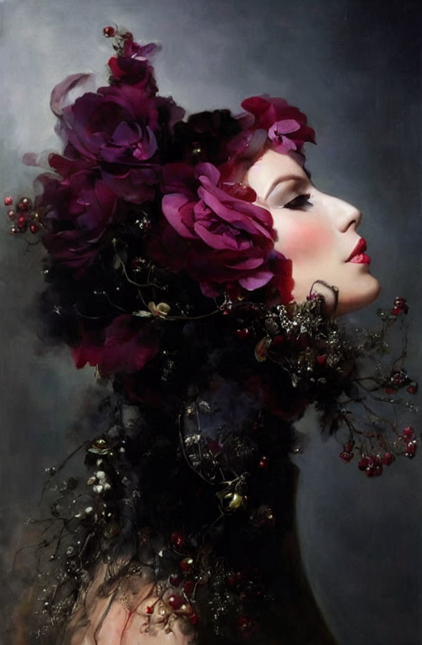 Woman with Dark Floral Adornments Gazing Sideways