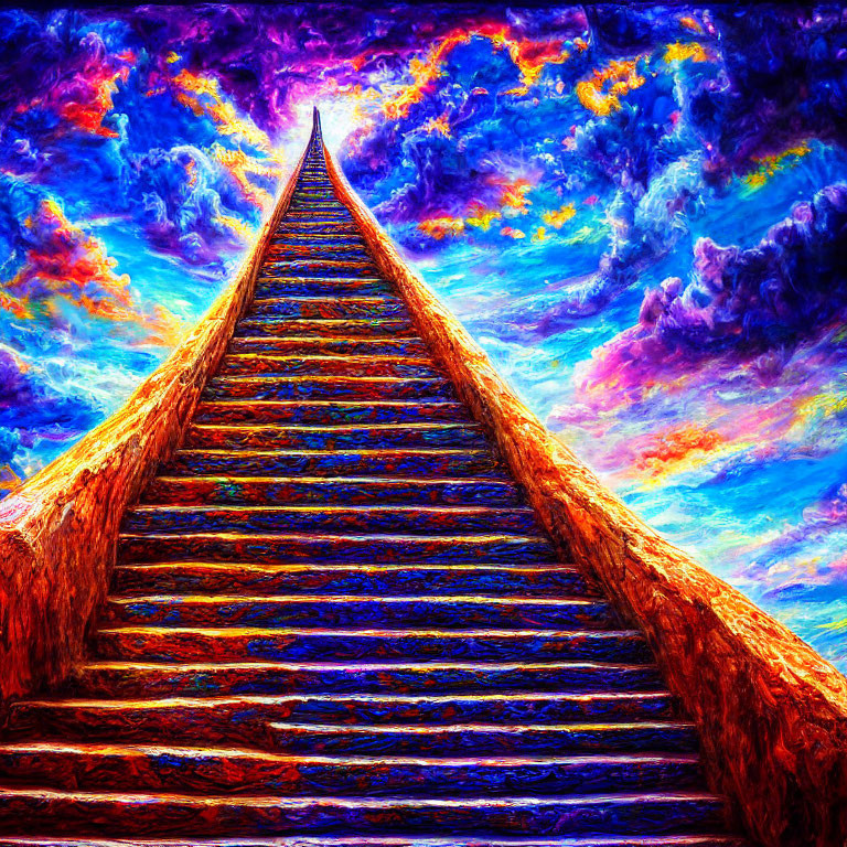 Colorful surreal artwork: Endless staircase in vibrant sky.