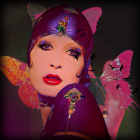 Digital portrait of woman with fantasy theme: pointed ears, purple headdress, butterfly wings.