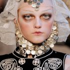 Regal woman in opulent fur headdress and gold jewelry.