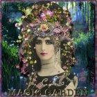 Illustrated fantasy woman with ornate floral headdress and intricate jewelry in mystical setting.
