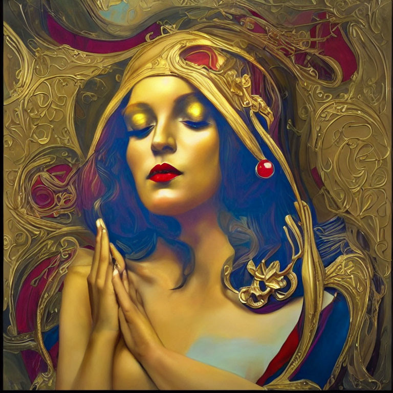 Stylized portrait of a woman with closed eyes and gold headpiece