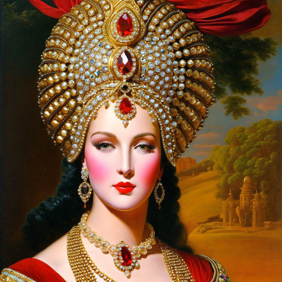 Woman with Golden Headdress & Red Jewelry in Landscape Portrait