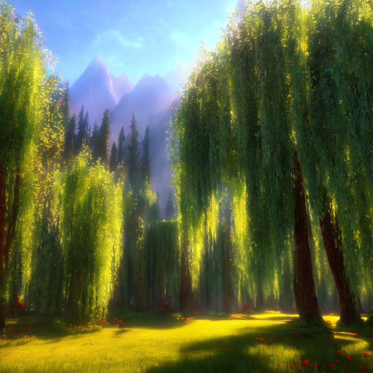 Tranquil landscape with weeping willows, green meadow, red flowers, and misty