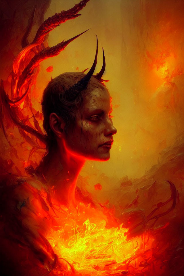 Fiery portrait of creature with horns in swirling flames