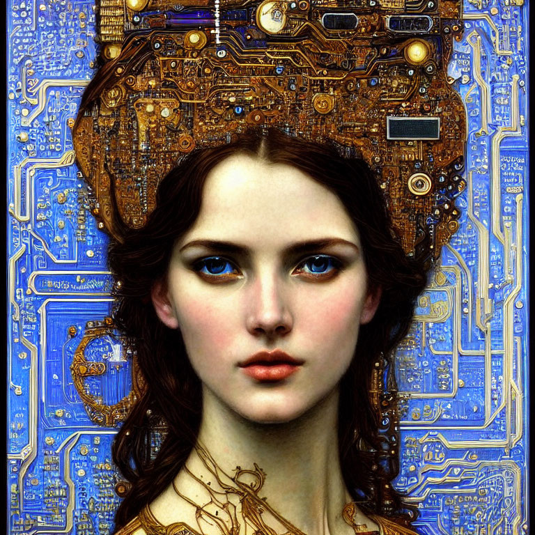 Portrait of young woman with blue circuit board patterns and metallic details.