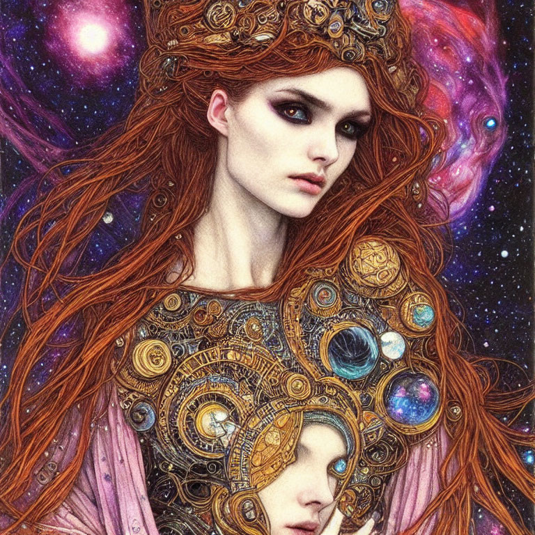 Fantasy illustration: Woman in celestial mechanical headgear, cosmic background, vivid colors