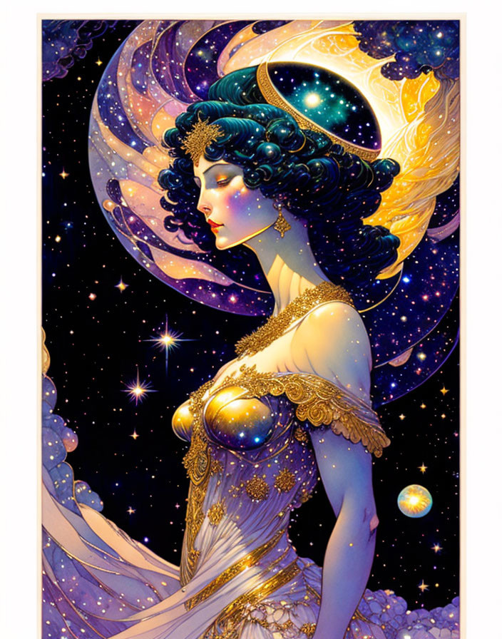 Stylized illustration of woman with dark blue hair in cosmic setting