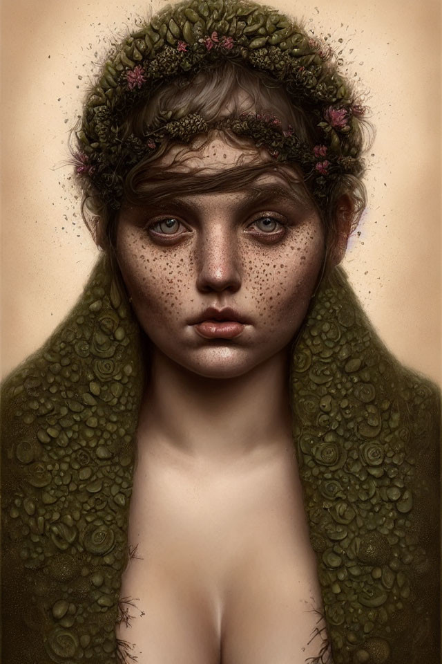 Digital Artwork: Person with Floral Crown, Freckles, and Green Foliage Garment