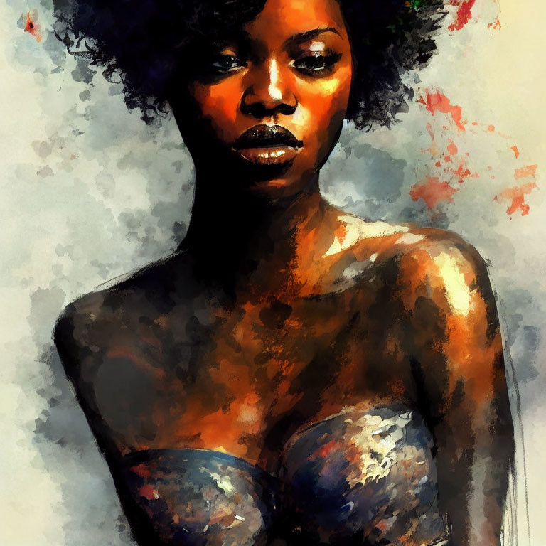 Dark-skinned woman with curly hair in vibrant watercolor portrait
