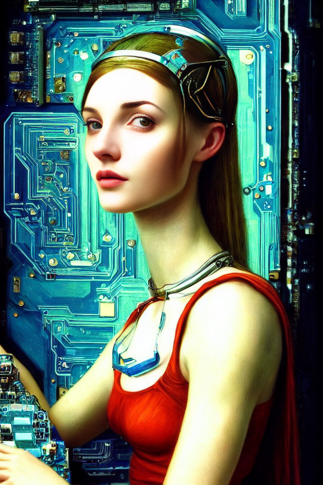 Digital art portrait of a woman with elfin features in red tank top and futuristic headset against blue circuit