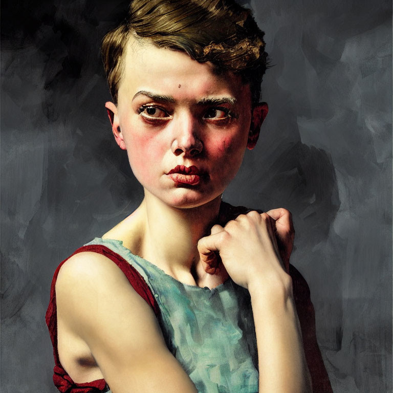 Defiant person with bruises in red top on dark background