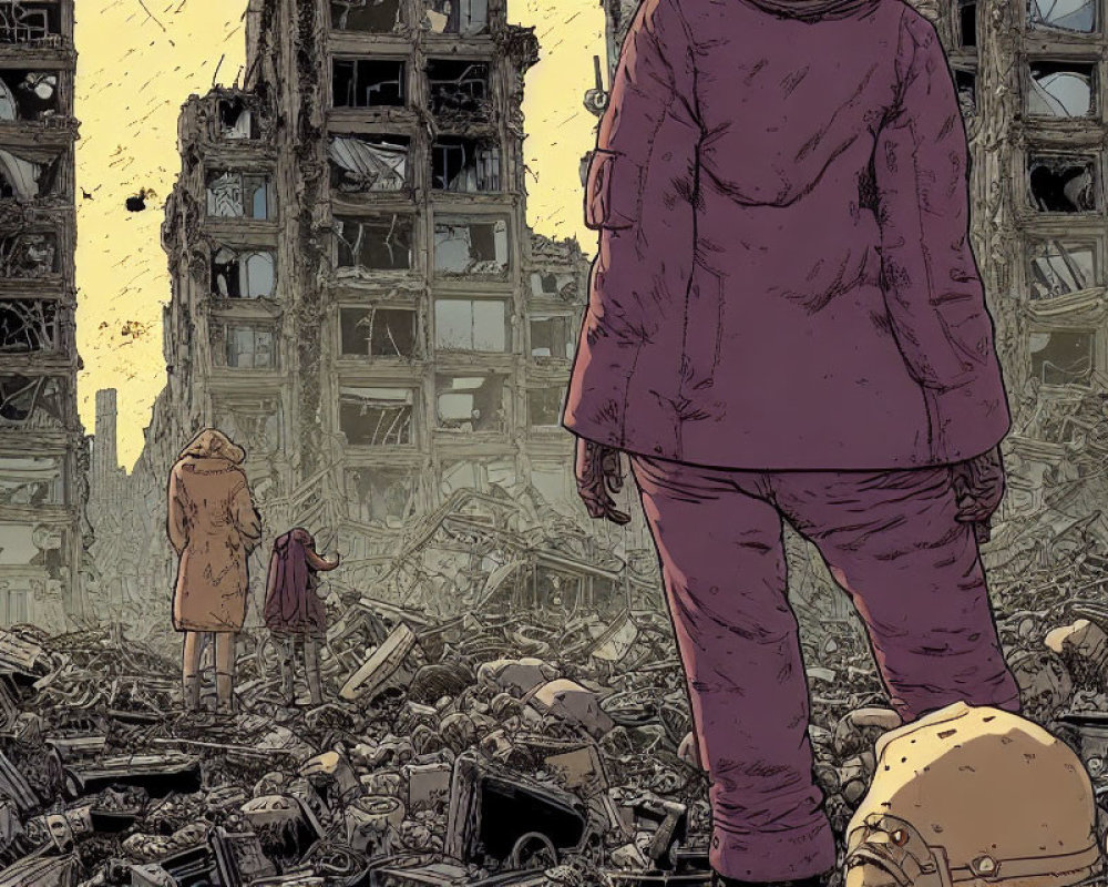 Apocalyptic illustration: Two people amidst ruins and debris