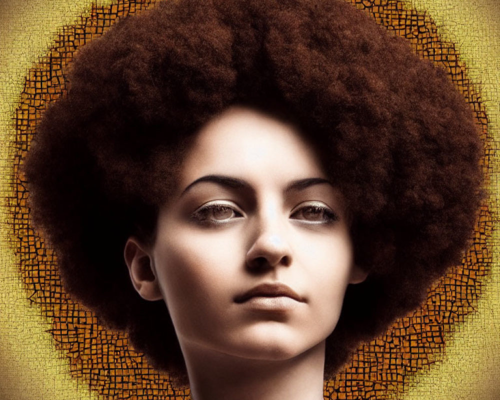Prominent Afro Hairstyle on Serene Person Against Golden Background