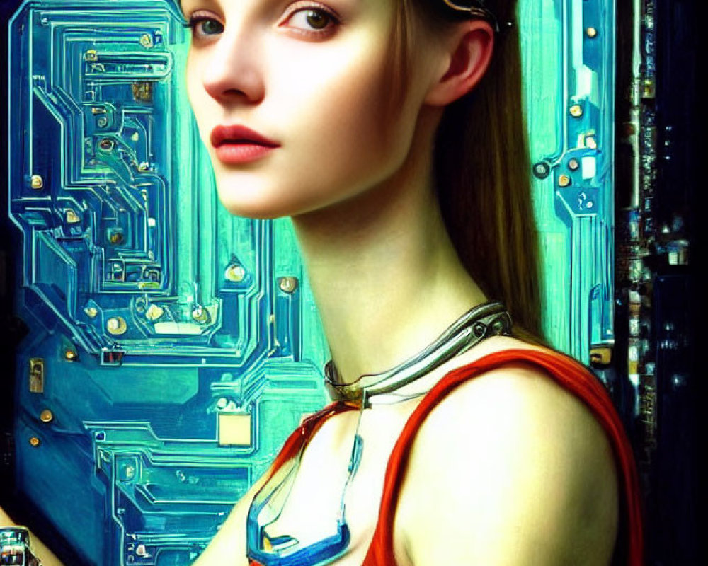 Digital art portrait of a woman with elfin features in red tank top and futuristic headset against blue circuit