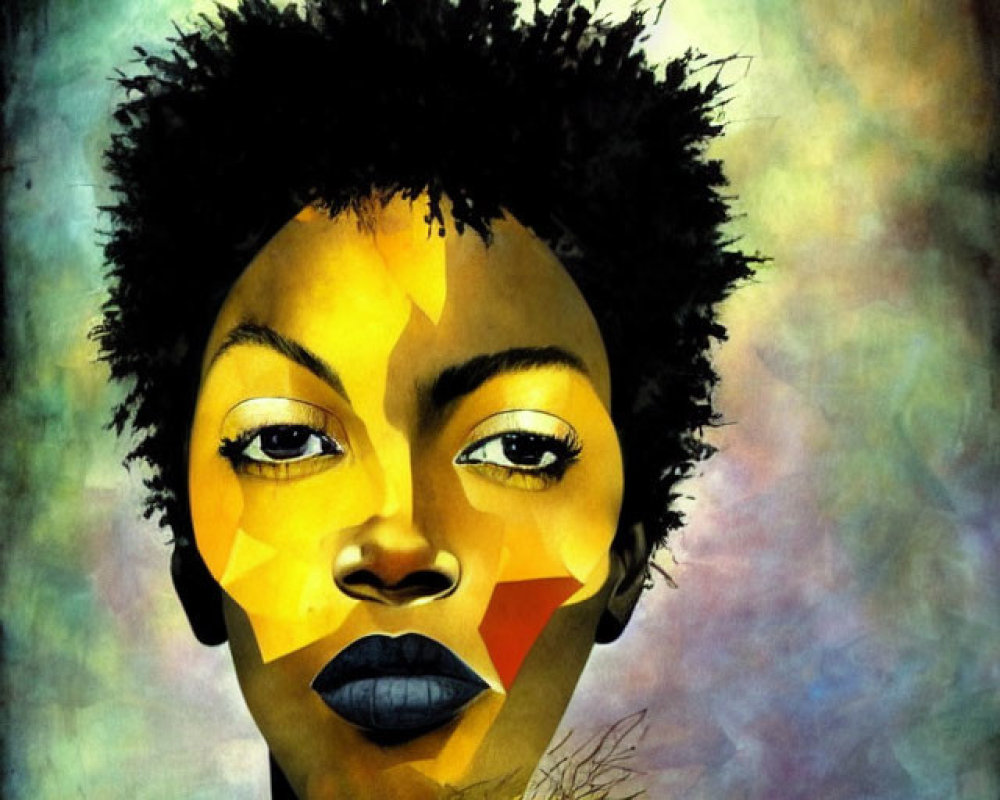 Vibrant geometric shapes on woman's cheek with afro portrait