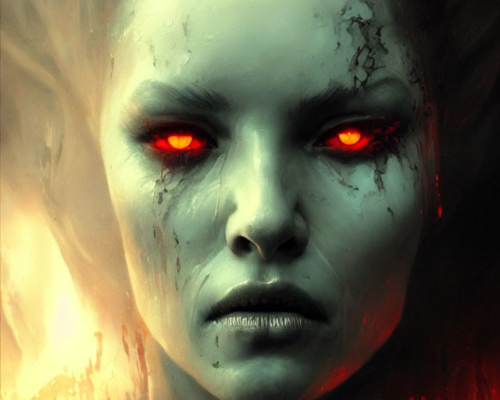 Eerie portrait of figure with glowing red eyes and pale complexion