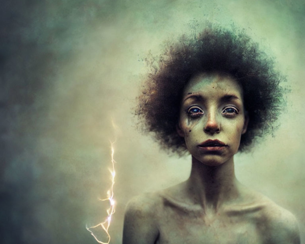 Portrait of person with wide eyes, curly hair, lightning bolt, against gray backdrop