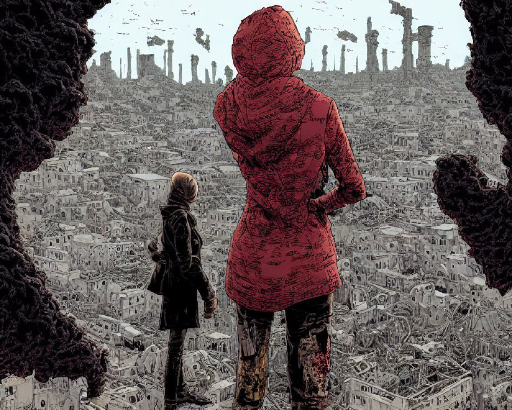 Adult and child in red jacket face dystopian cityscape with rubble-filled buildings.