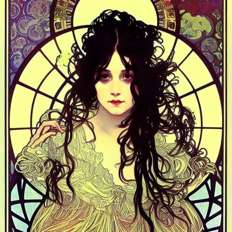 Woman in Art Nouveau-style illustration with flowing dark hair, yellow dress, and stained glass backdrop