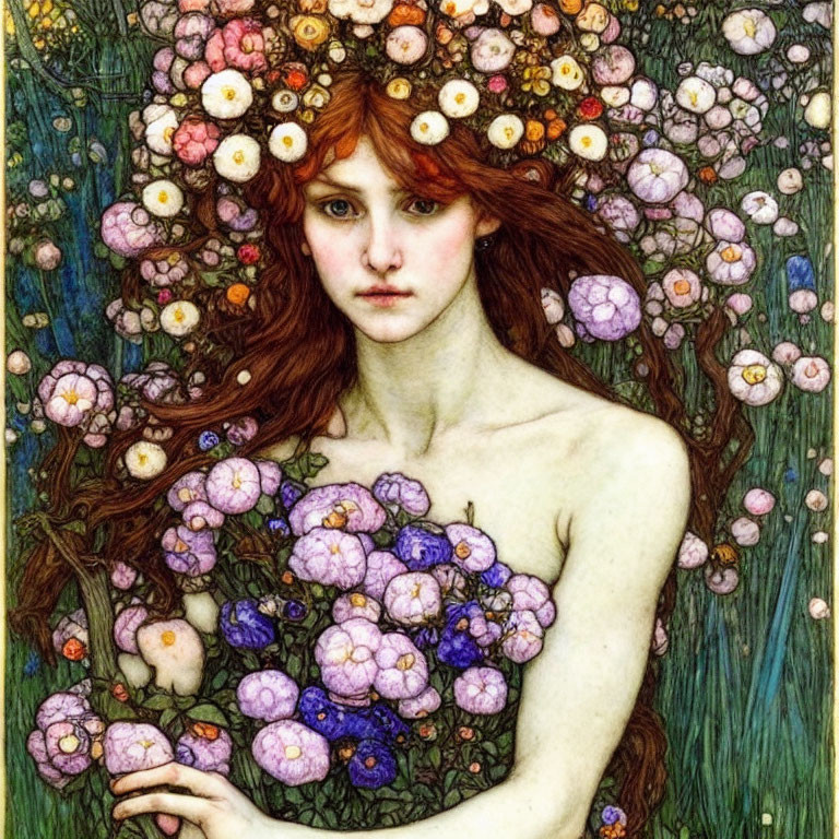 Woman with Red Hair Surrounded by Vibrant Flowers