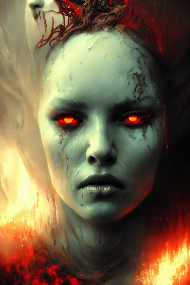 Eerie portrait of figure with glowing red eyes and pale complexion