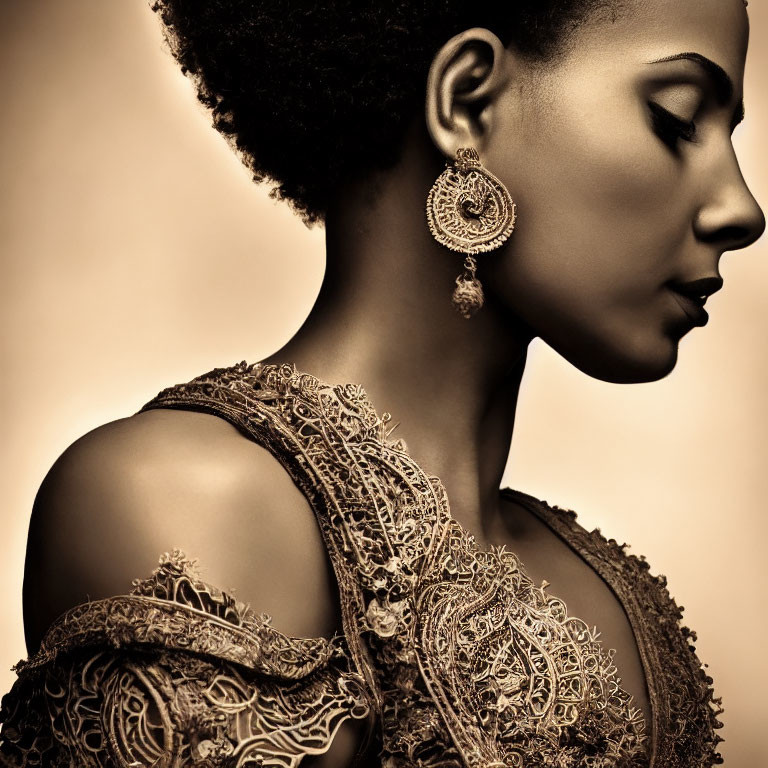 Woman with Afro Hair in Lace Garment & Circular Earrings on Sepia Background