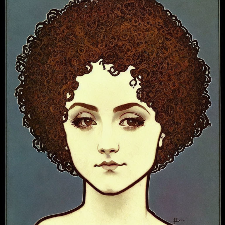 Detailed vintage style illustration of a person with voluminous curly hair and intricate facial features.