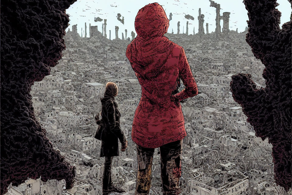 Adult and child in red jacket face dystopian cityscape with rubble-filled buildings.