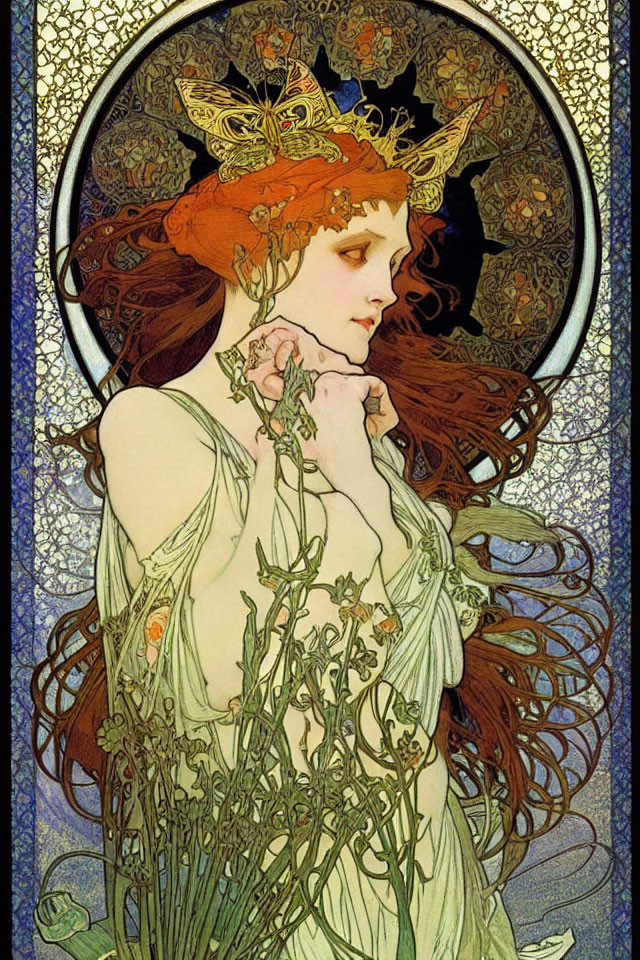 Detailed Art Nouveau Woman Illustration with Red Hair and Butterfly Crown