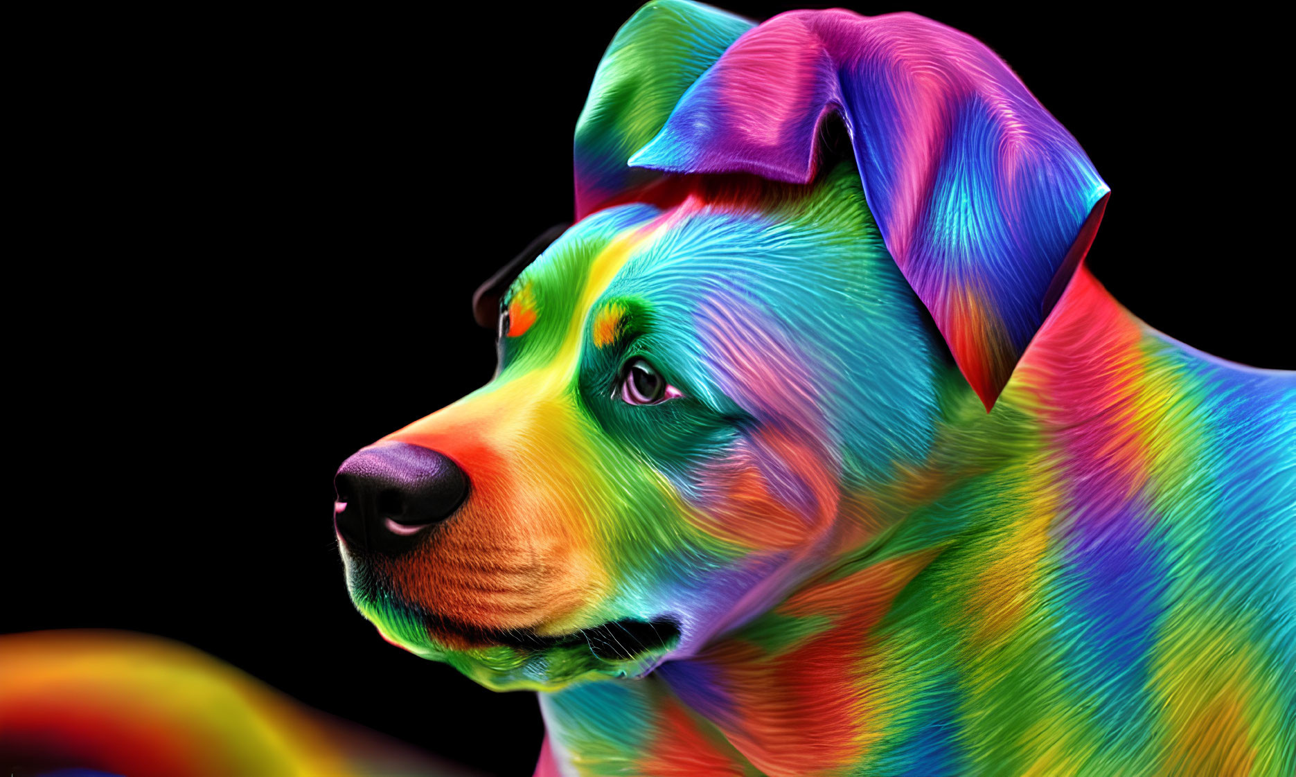 Multicolored neon dog artwork on dark background