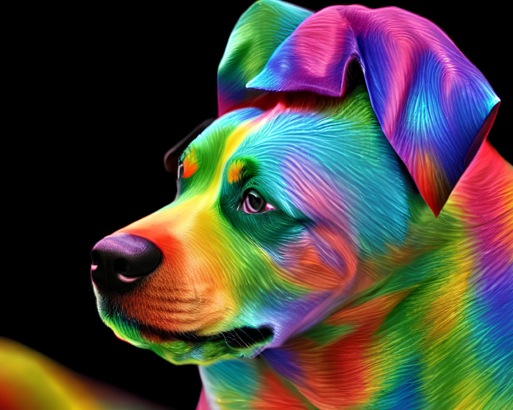 Multicolored neon dog artwork on dark background