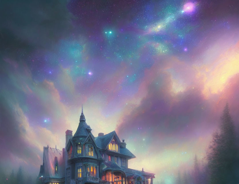 Victorian-style house under vibrant night sky with purple and pink hues