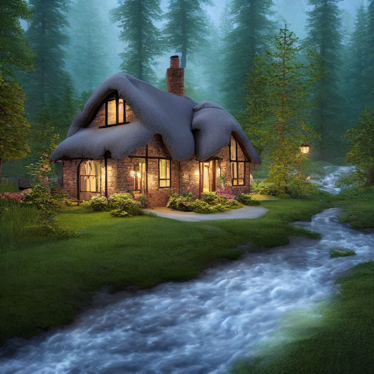 Idyllic Thatched Cottage by Babbling Brook in Tranquil Forest Clearing at Dusk