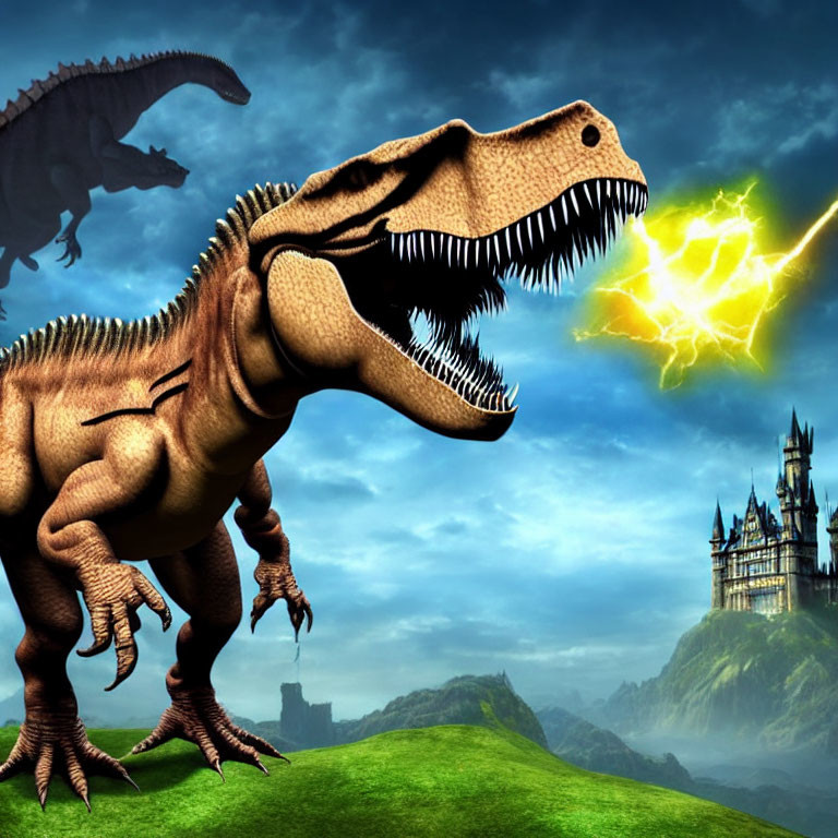 T-rex on grassy terrain with castle and stormy sky