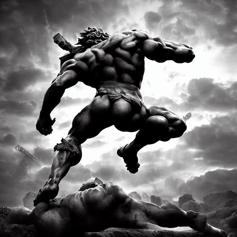 Monochrome heroic figure leaping over rocks with weapon under stormy sky
