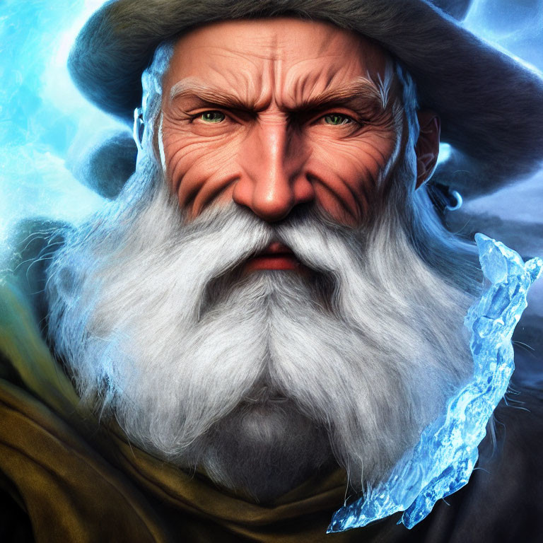 Illustration of stern older man with beard, hat, cloak, holding blue crystal