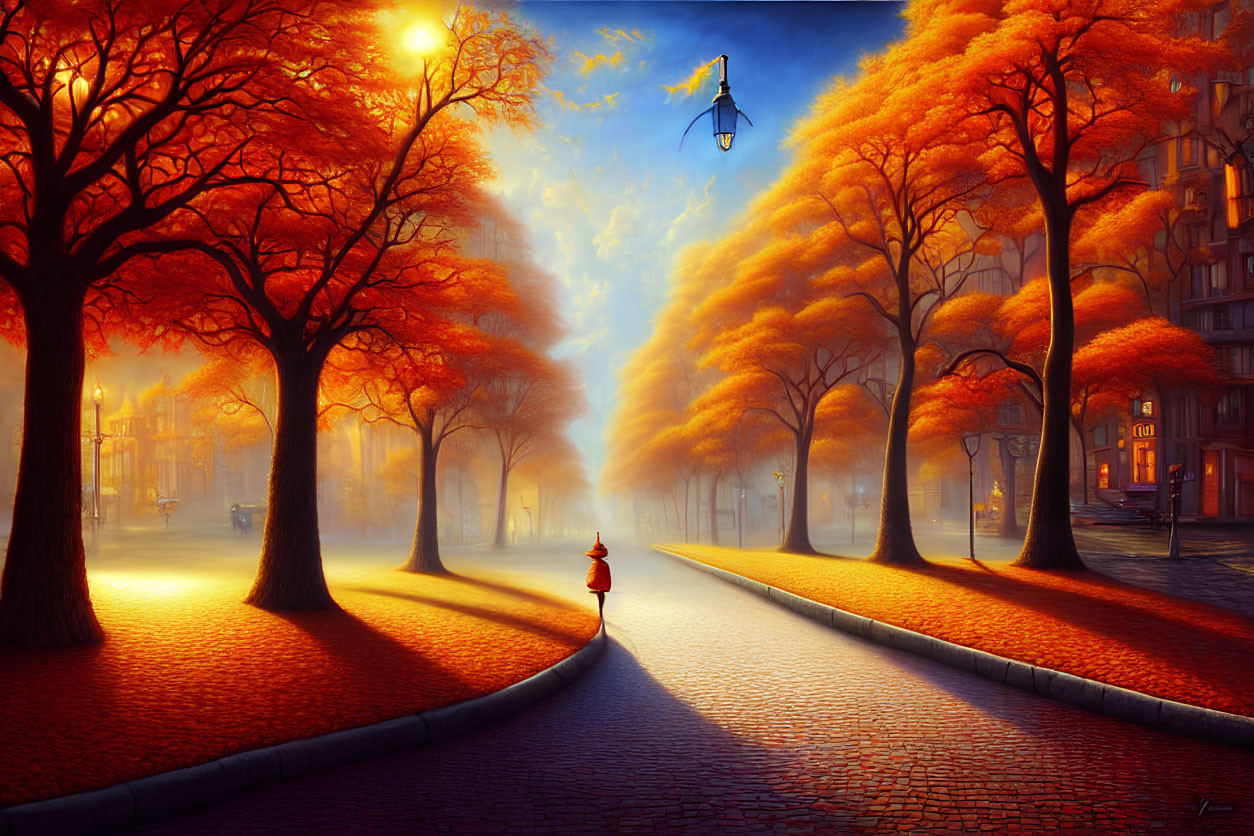 Autumn cobblestone path with person in red, orange trees, and warm streetlights in mist