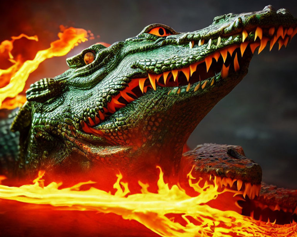 Digital art: Crocodile with glowing eyes emerges from flames