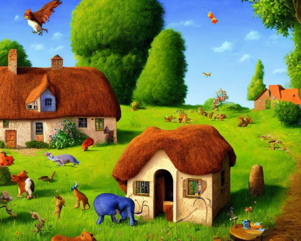 Colorful anthropomorphic animals in whimsical countryside scene.