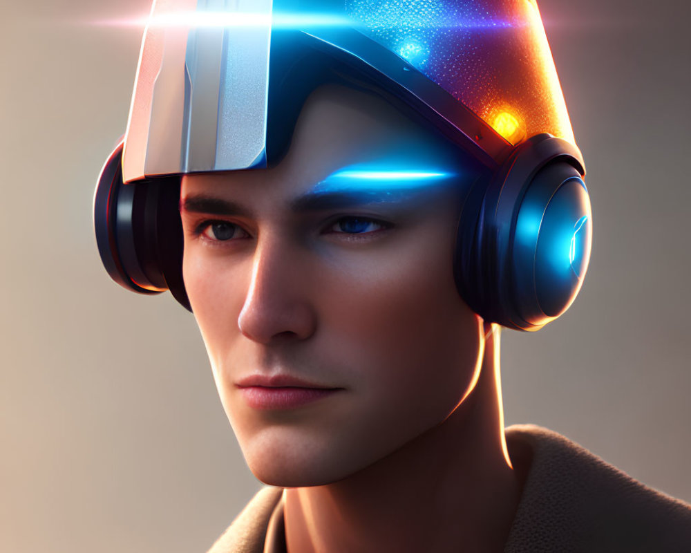 Futuristic digital art portrait of young man with visor and headphones