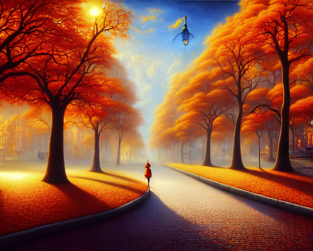 Autumn cobblestone path with person in red, orange trees, and warm streetlights in mist