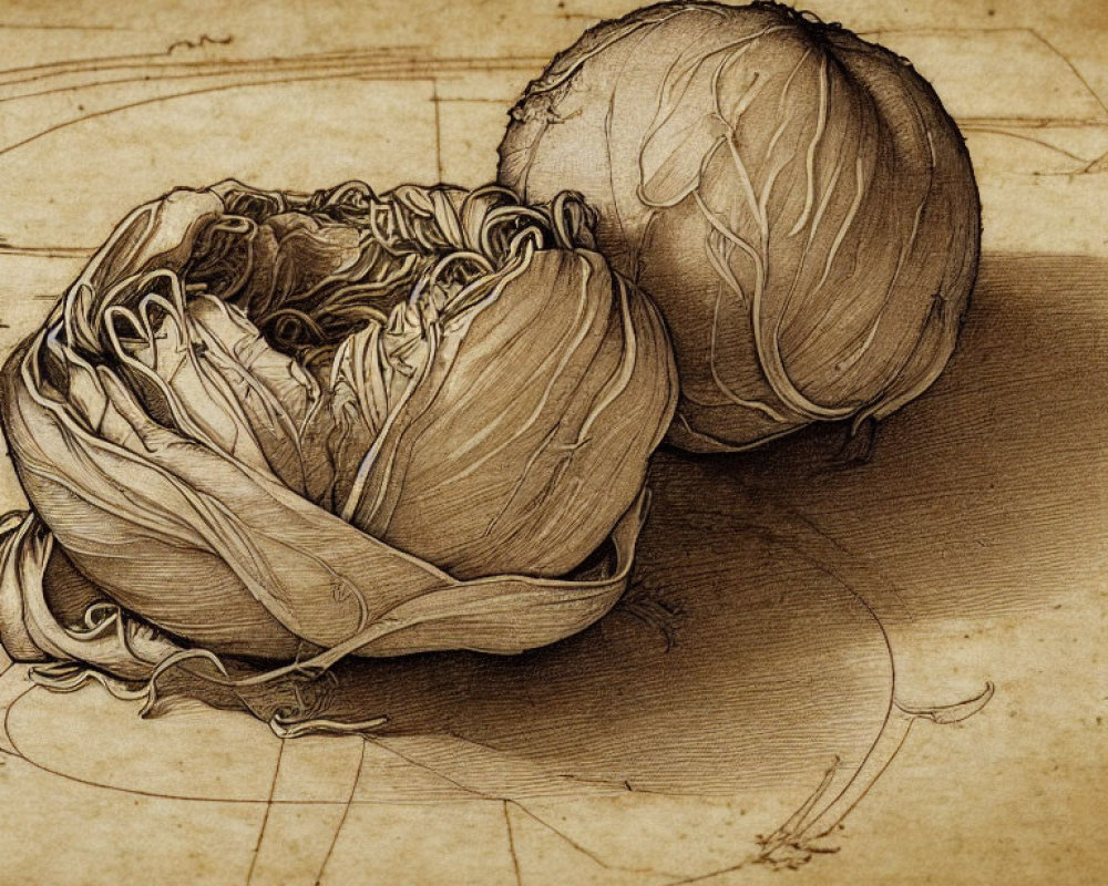 Detailed Sepia-Toned Sketch of Two Cabbages on Textured Paper