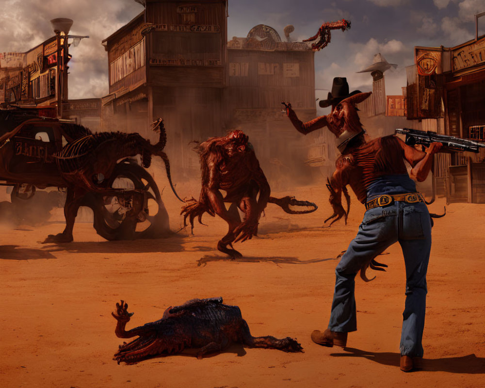 Cowboy faces monstrous creatures in Wild West town standoff