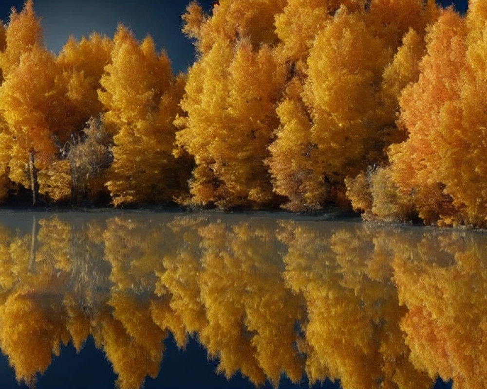 Tranquil autumn landscape with golden trees reflected in calm water
