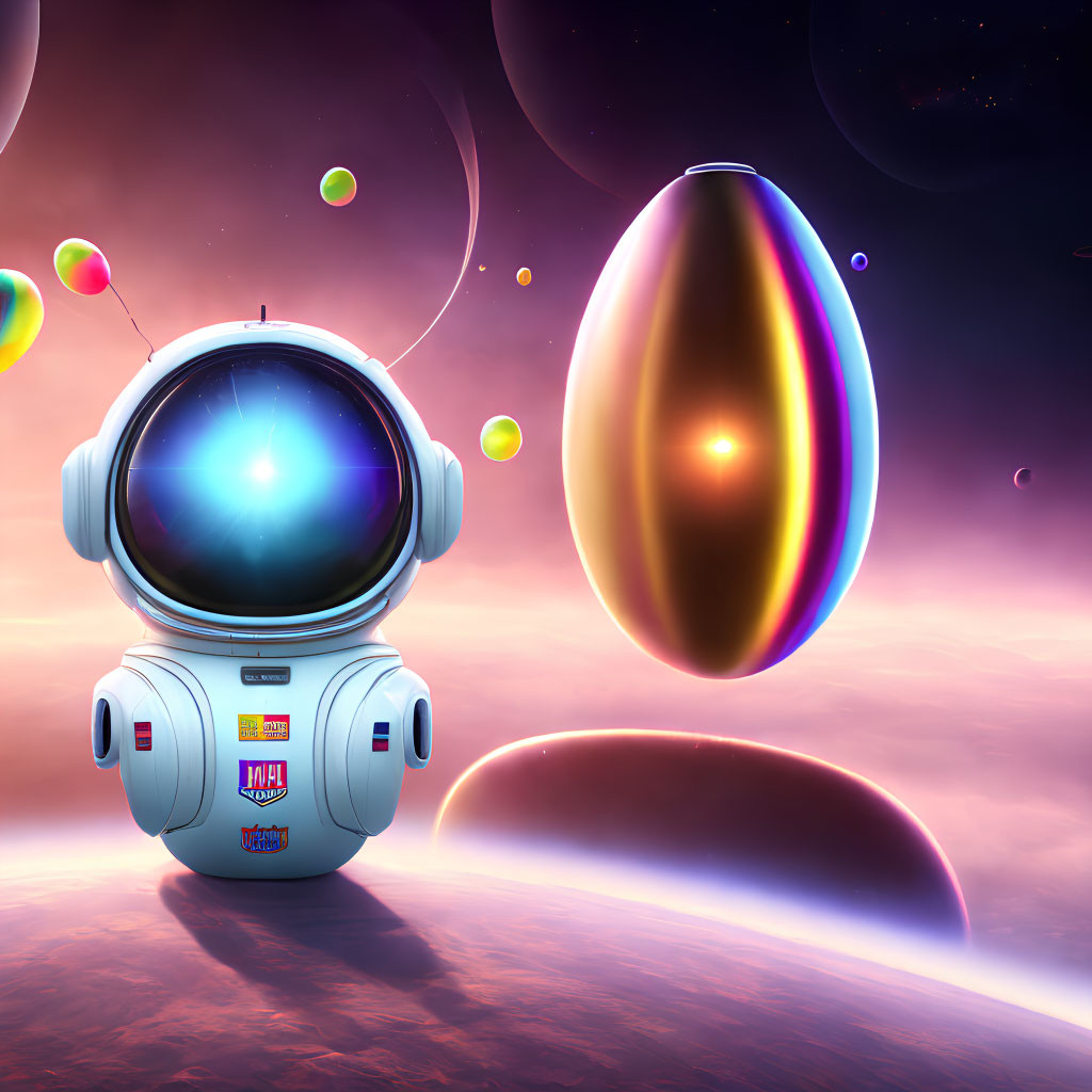Illustrated astronaut robot with visor screen head near colorful, reflective egg-shaped object in cosmic landscape.