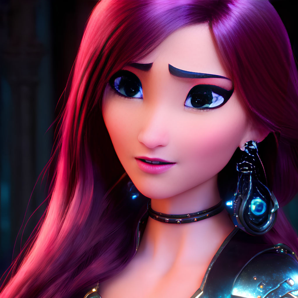 3D animated female character with purple hair and futuristic attire