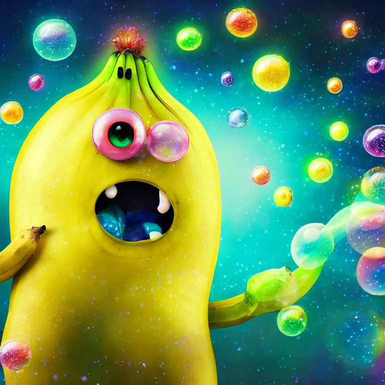 Colorful creature with multiple eyes in space backdrop