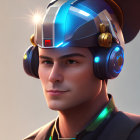 Futuristic digital art portrait of young man with visor and headphones